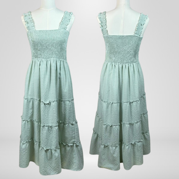Altar'd State Dresses & Skirts - Altard State Womens Tiered Midi Dress Size L Prairie Cottagecore Gingham Smocked